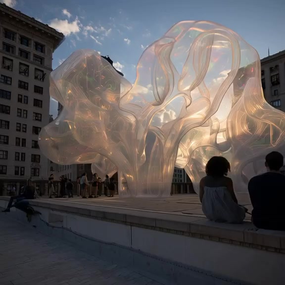 Translucent luminous AI sculpture in a city square