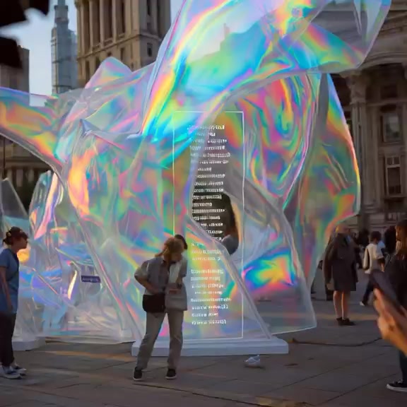 Iridescent mixed-reality public artwork surrounded by visitors